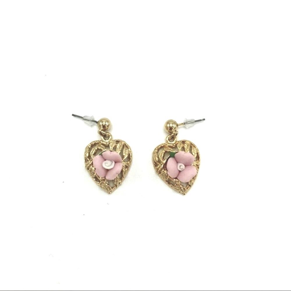 Pink Mini Rose Rosette Flower Gold Tone Small Dangle Earrings